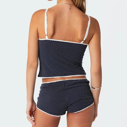 Polka Dot Lace Trim Camisole Micro Shorts Vintage Lounge Two Pieces Set