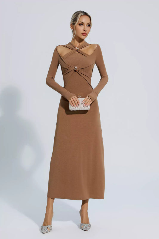 Kendra Brown Knit Long Sleeve Maxi Dress