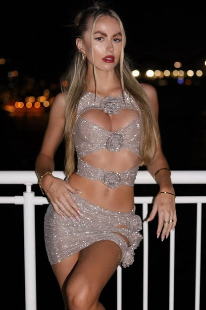 Khloe Crystal Flower Two Piece Set - Silver