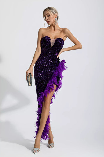 Kira Purple Sequin Feather Dress