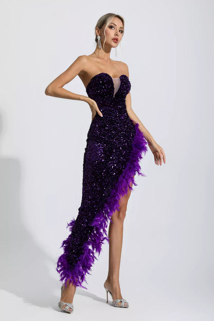 Kira Purple Sequin Feather Dress