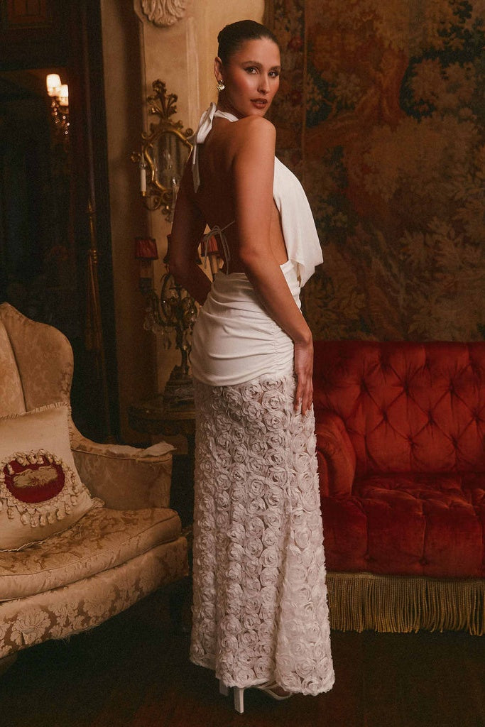 Evelina Plunge Neck Rosette Maxi Dress