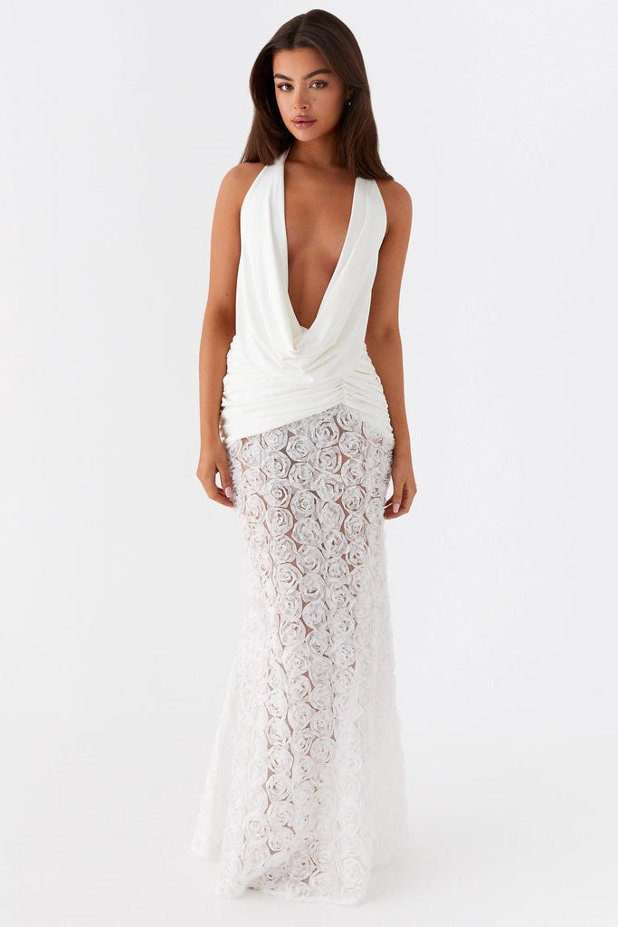 Evelina Plunge Neck Rosette Maxi Dress