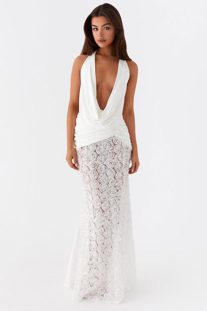 Evelina Plunge Neck Rosette Maxi Dress