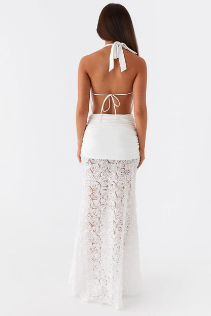 Evelina Plunge Neck Rosette Maxi Dress