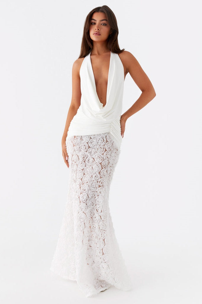 Evelina Plunge Neck Rosette Maxi Dress