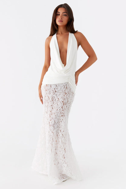 Evelina Plunge Neck Rosette Maxi Dress