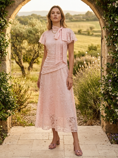 Date Night Dresses Maxi Ruffles Zipper Short Sleeves Stand Collar Petal Sleeves Elegant Pink Dress