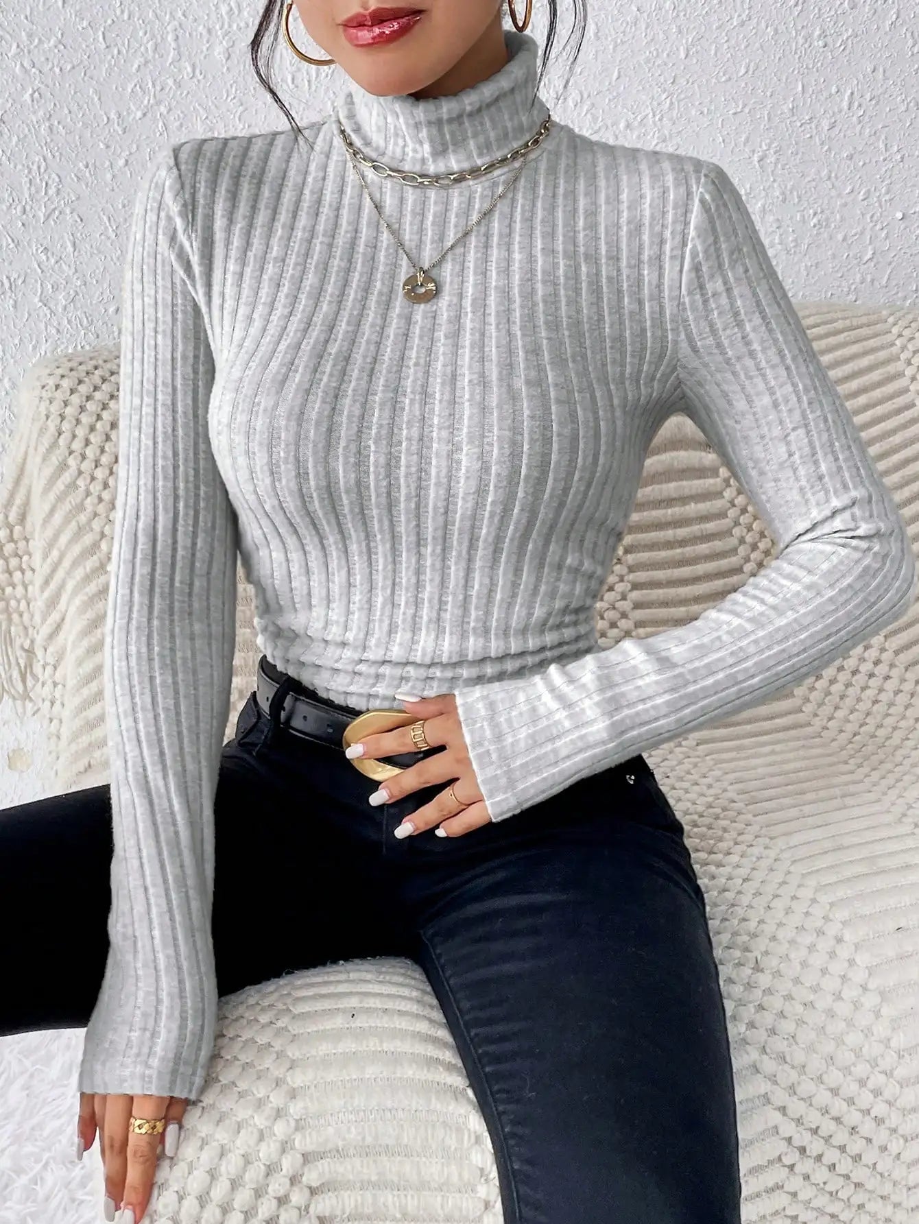 Half Turtleneck Sweater Slim Long Sleeve Knit Top Women