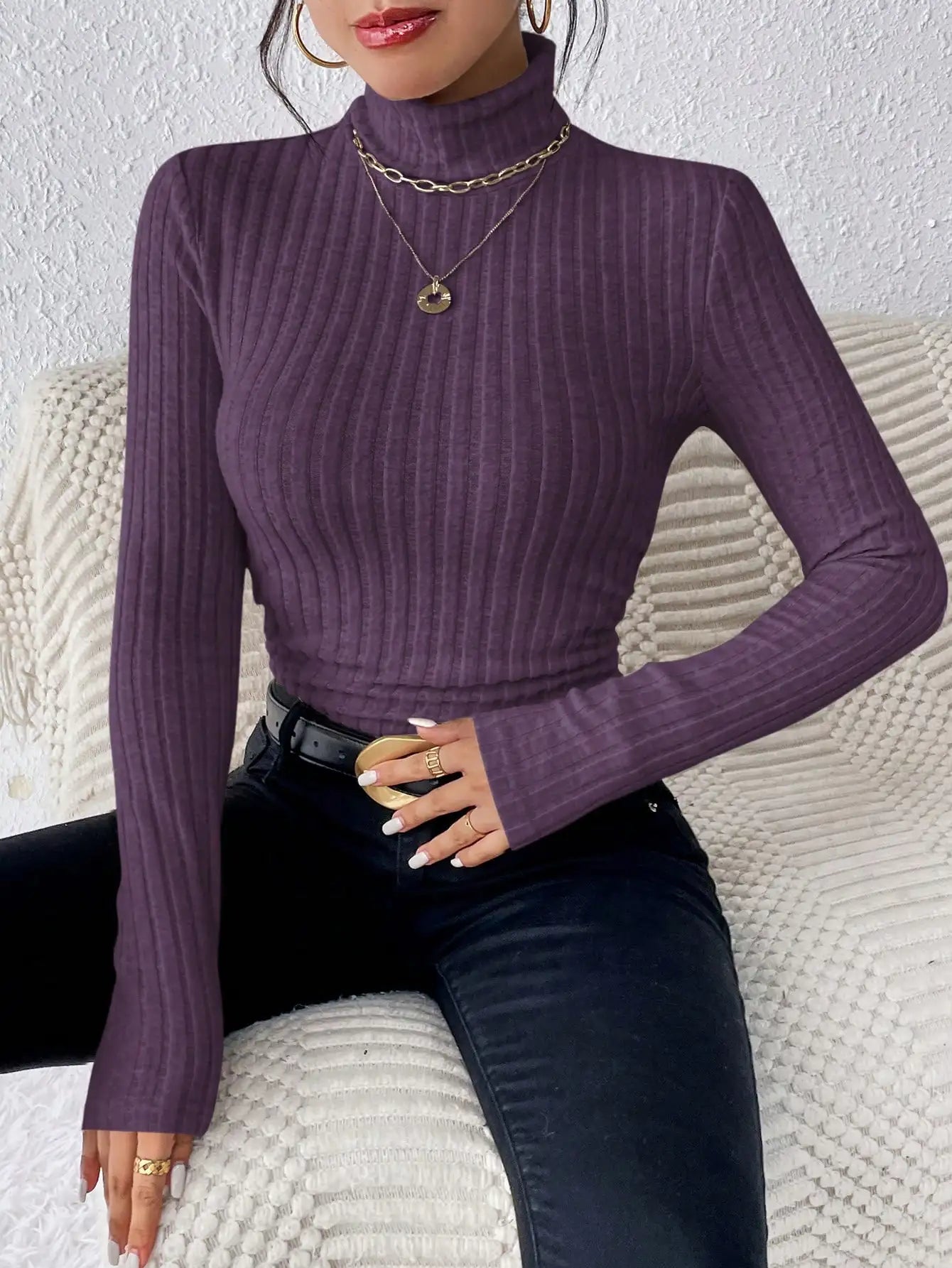Half Turtleneck Sweater Slim Long Sleeve Knit Top Women