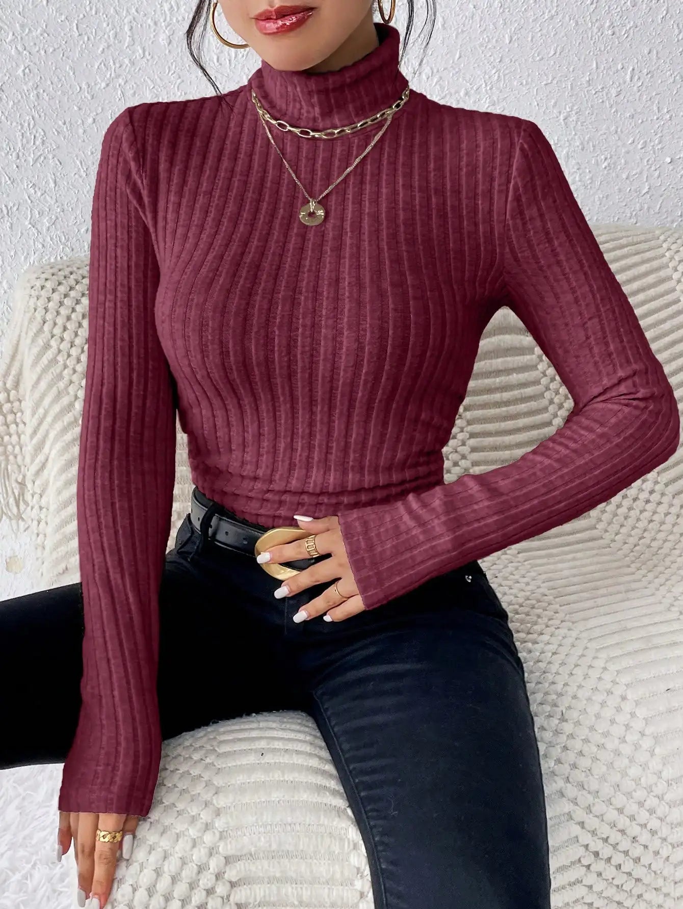 Half Turtleneck Sweater Slim Long Sleeve Knit Top Women