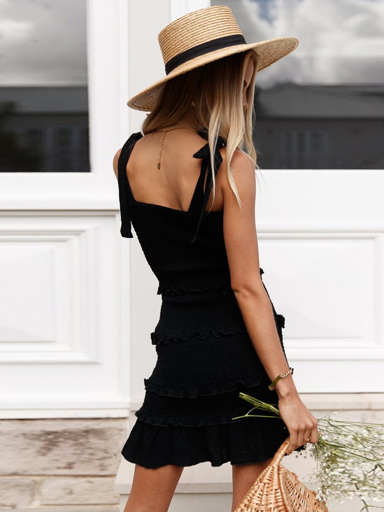 Smocked Tie-Shoulder Square Neck Tiered Ruffle Mini Dress
