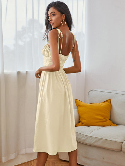 Tie Shoulder Ruched Bust Cummerbund Waist Flared A-Line Midi Dress