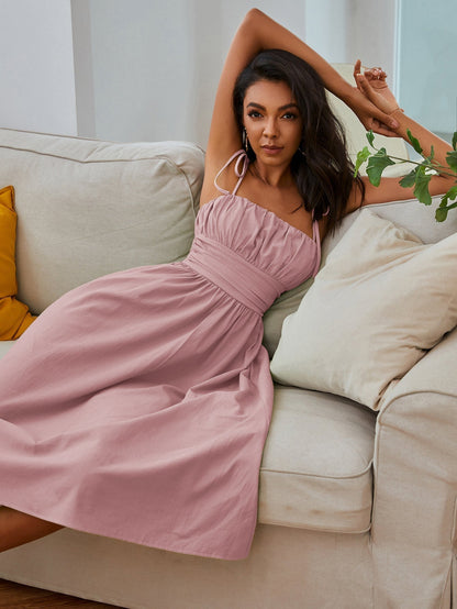 Tie Shoulder Ruched Bust Cummerbund Waist Flared A-Line Midi Dress