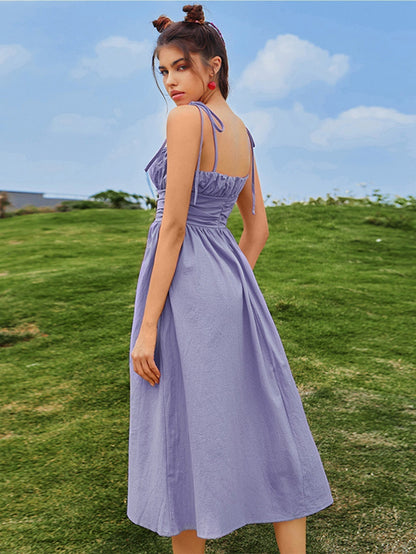 Tie Shoulder Ruched Bust Cummerbund Waist Flared A-Line Midi Dress