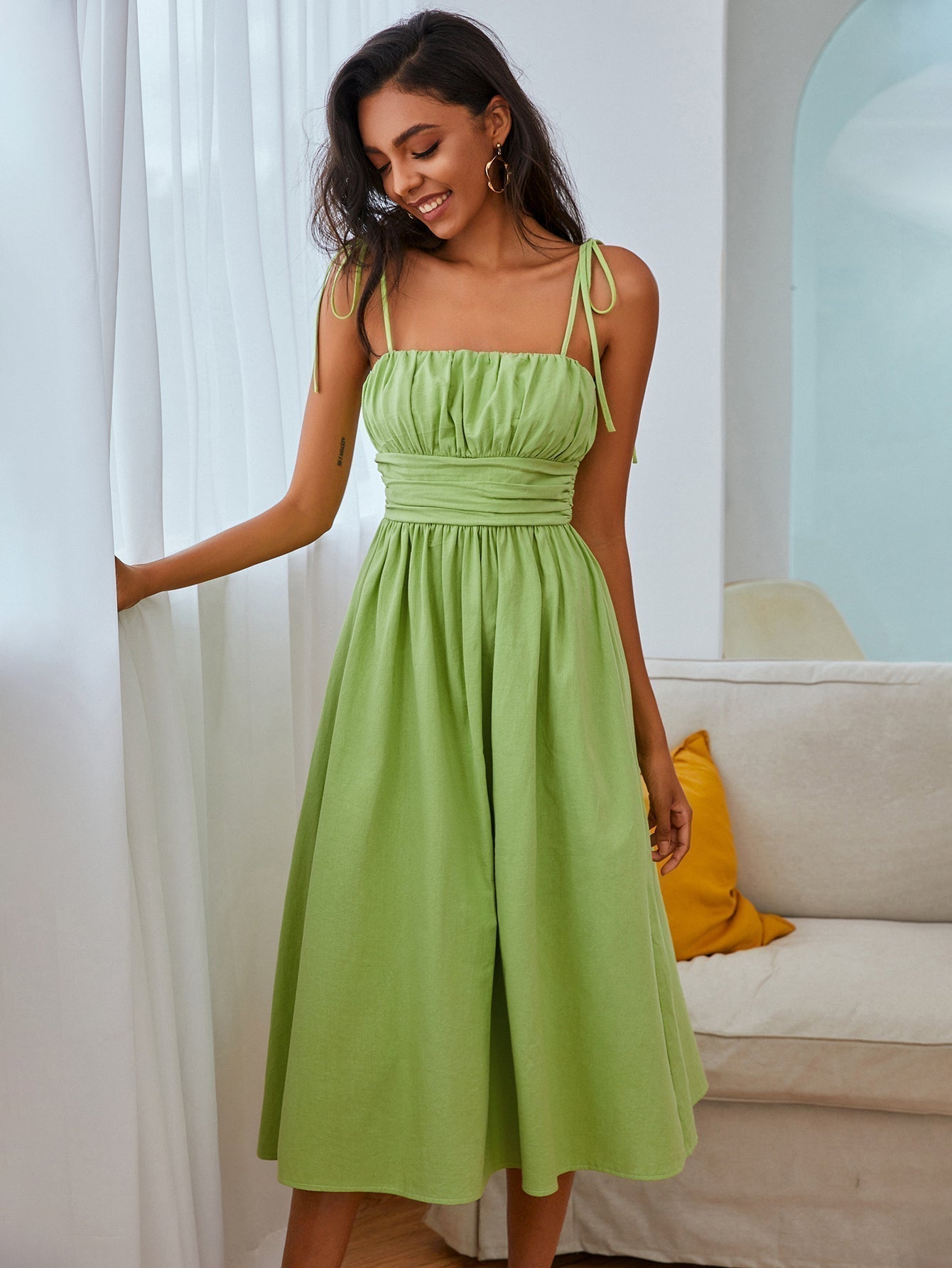 Tie Shoulder Ruched Bust Cummerbund Waist Flared A-Line Midi Dress