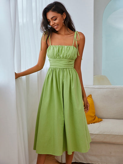 Tie Shoulder Ruched Bust Cummerbund Waist Flared A-Line Midi Dress