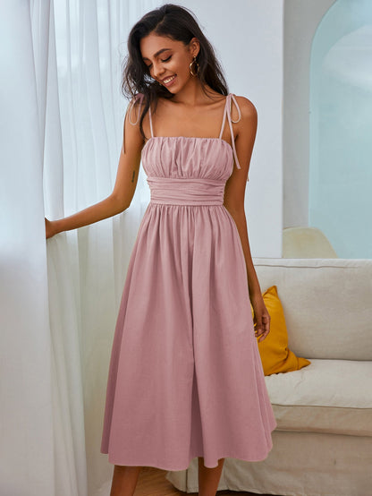 Tie Shoulder Ruched Bust Cummerbund Waist Flared A-Line Midi Dress