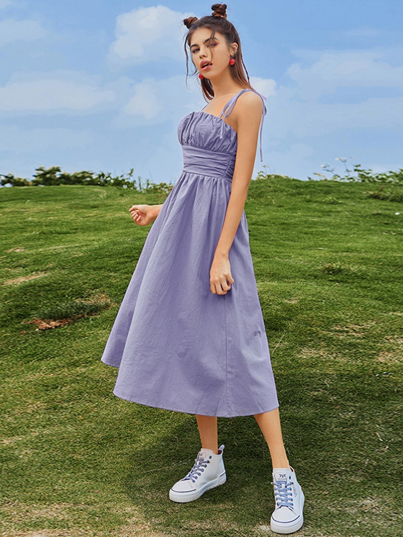 Tie Shoulder Ruched Bust Cummerbund Waist Flared A-Line Midi Dress