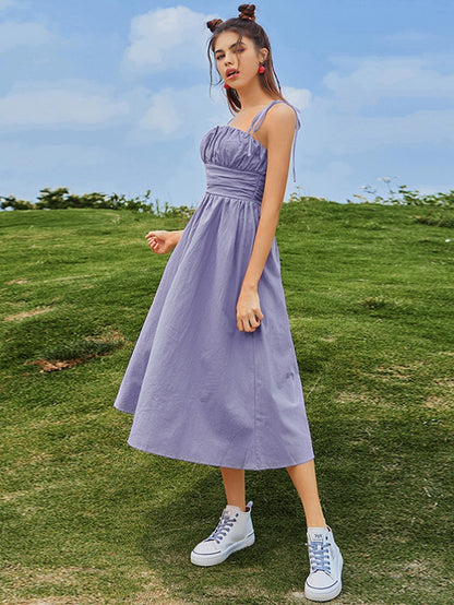 Tie Shoulder Ruched Bust Cummerbund Waist Flared A-Line Midi Dress