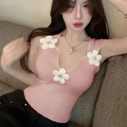 Korean 3D Floral Deep V-Neck Stretchy Crop Top
