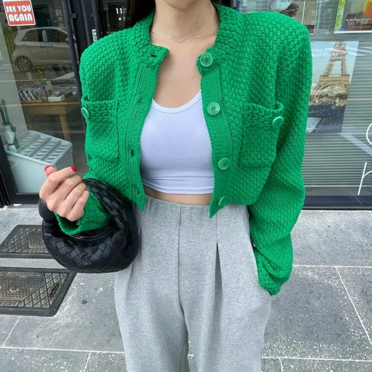 Pocket Cropped Solid O-Neck Knit Cardigan