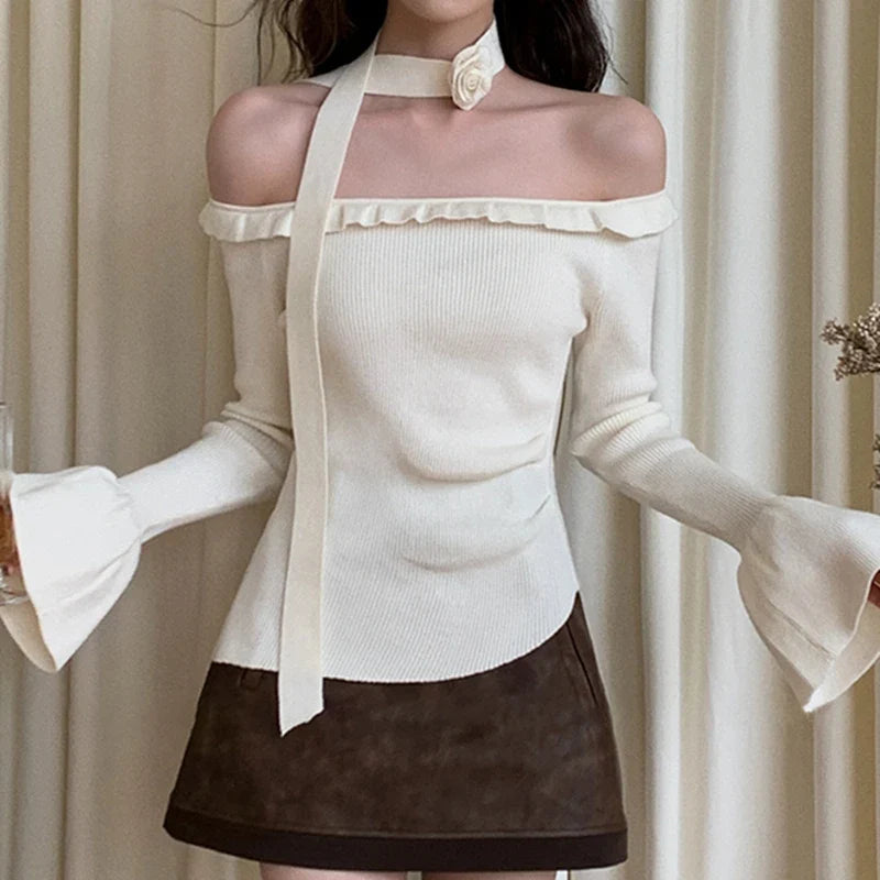 Off Shoulder Knit Crop Long Flare Sleeve Ruffle Trim Knit Top