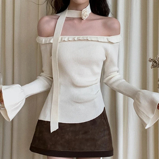 Off Shoulder Knit Crop Long Flare Sleeve Ruffle Trim Knit Top
