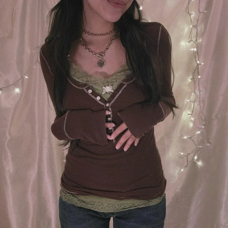 Korean Retro Ribbed Knit T-shirt Button Up Long Sleeve Sweater Women