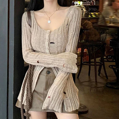 Vintage Knitted Spring Long Sleeve Button Closure Slim Knit Top