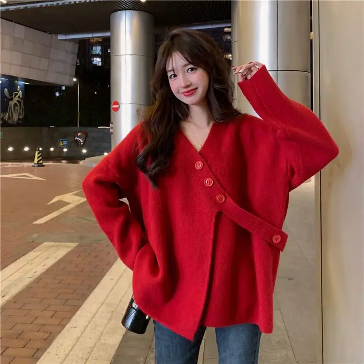 V-Neck Solid Simplicity Office Lady Autumn Knit Cardigan