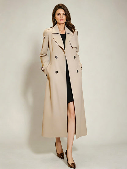 Trench Coat For Women Modern Turndown Collar Buttons Full Length Coat