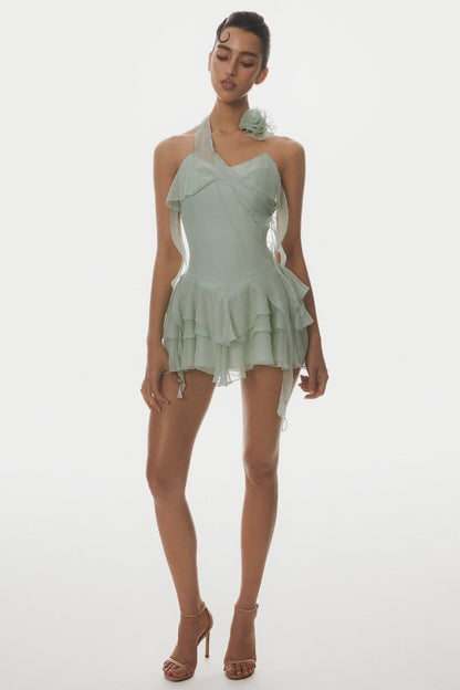 Kyrie Halter Floral Ruffle Mini Dress - Green