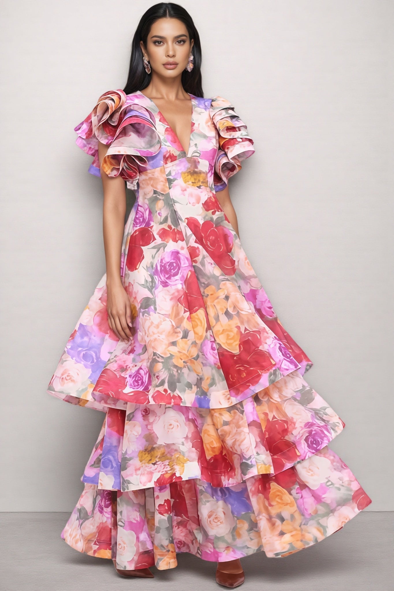 Mabel V Neck Floral Ruffle Maxi Dress