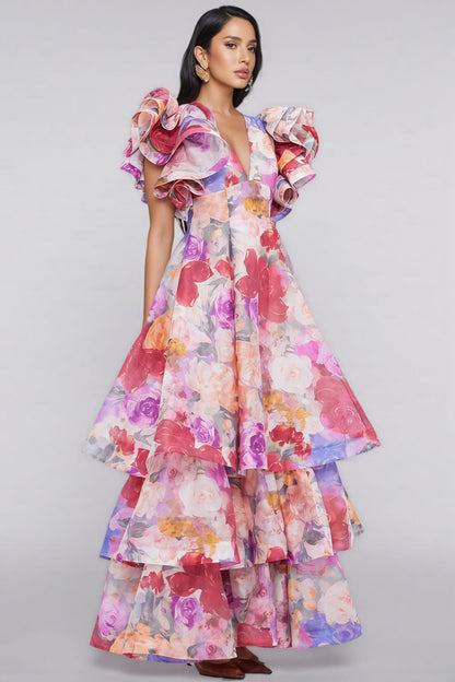Mabel V Neck Floral Ruffle Maxi Dress