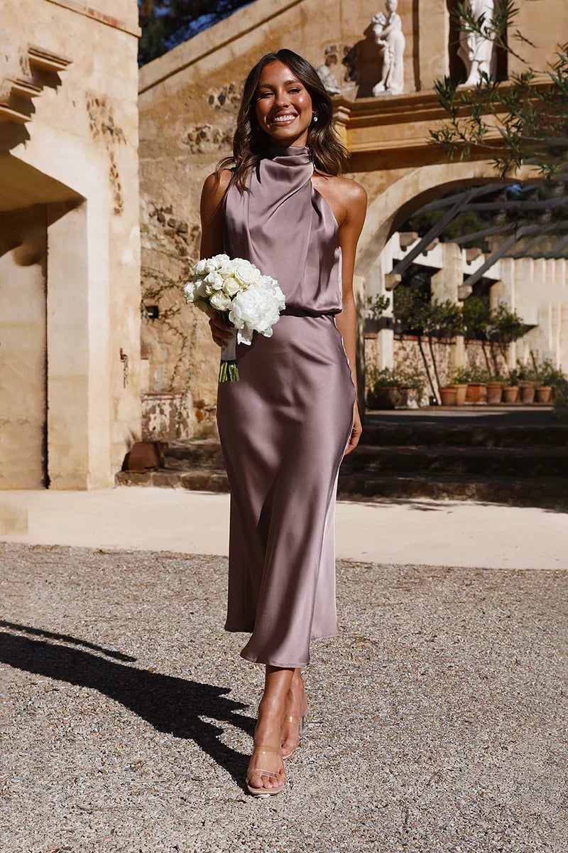 Satin Halter Cowl Neck Draped Sleeveless Midi Dress