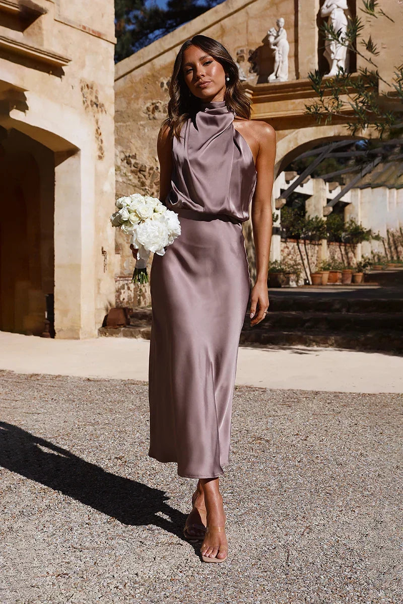 Satin Halter Cowl Neck Draped Sleeveless Midi Dress