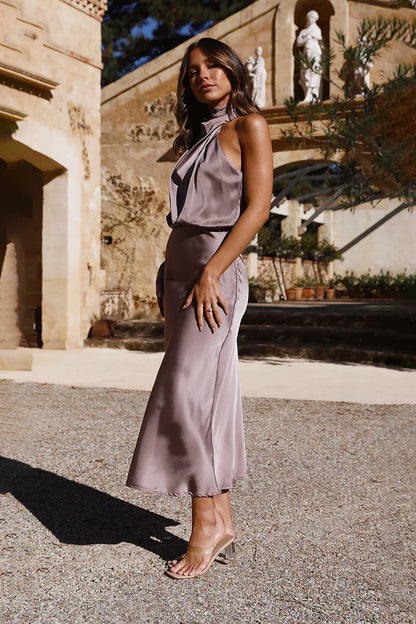Satin Halter Cowl Neck Draped Sleeveless Midi Dress