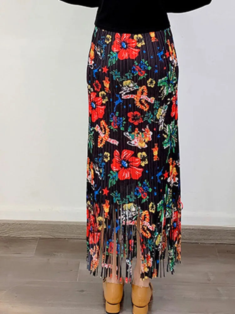 Fashion Printed Flower Tassels High Elastic Waist Skirt