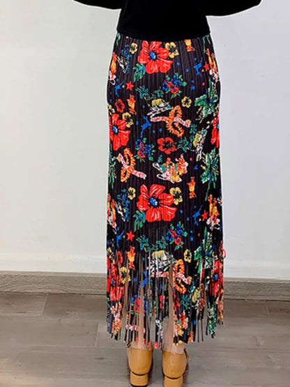 Fashion Printed Flower Tassels High Elastic Waist Skirt