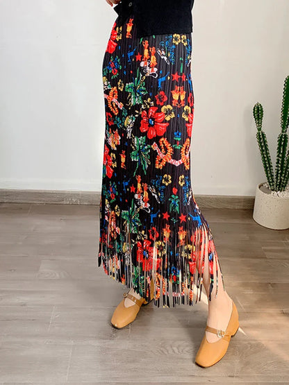 Fashion Printed Flower Tassels High Elastic Waist Skirt