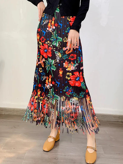 Fashion Printed Flower Tassels High Elastic Waist Skirt