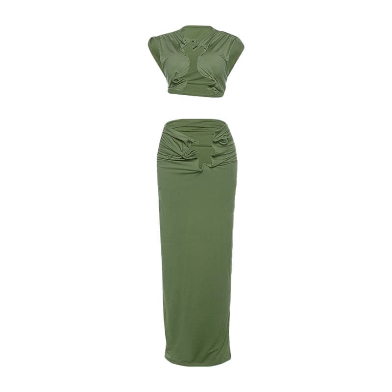 Sleeveless hollow out ruched slit solid maxi skirt set-final-sale