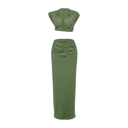 Sleeveless hollow out ruched slit solid maxi skirt set-final-sale