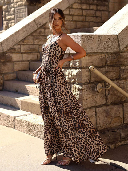 Leopard Maxi Sundress For Women - Animal Print Sexy Spaghetti Strap Flare Long Dress - Summer Beach Vacation 2026