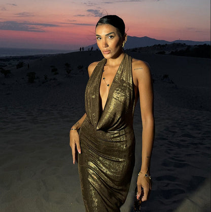 Halter Deep V Neck Metallic Shimmer Fishtail Maxi Gown