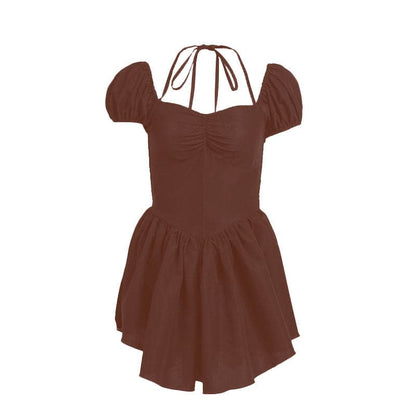 Short puff sleeve sweetheart neck ruched halter smocked mini dress