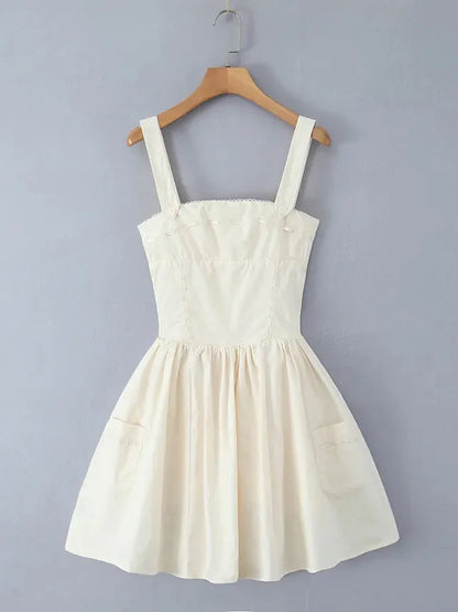 Square Neck Short Embroidered Flare Dress