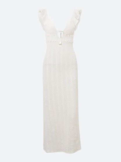 Crochet Knit Plunge V-Neck Ruffle Trim Lace-Up Side Maxi Dress
