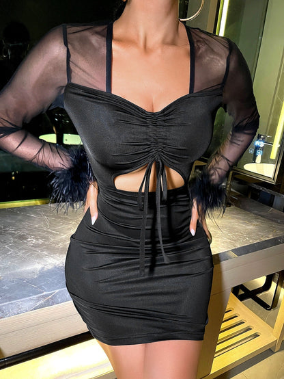 Mesh Sleeve Feather Cuff Bust Cutout Ruched Bodycon Mini Dress